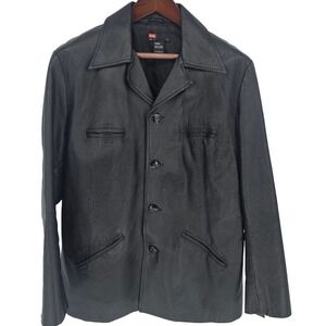 Diesel Mens Black Leather Blazer Jacket Coat Button Front Notch Lapel Moto Style